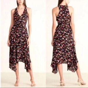 A.L.C Roslyn 100% Silk Hankerchief Hem Wrap V-Neck Black Print Midi Dress 2